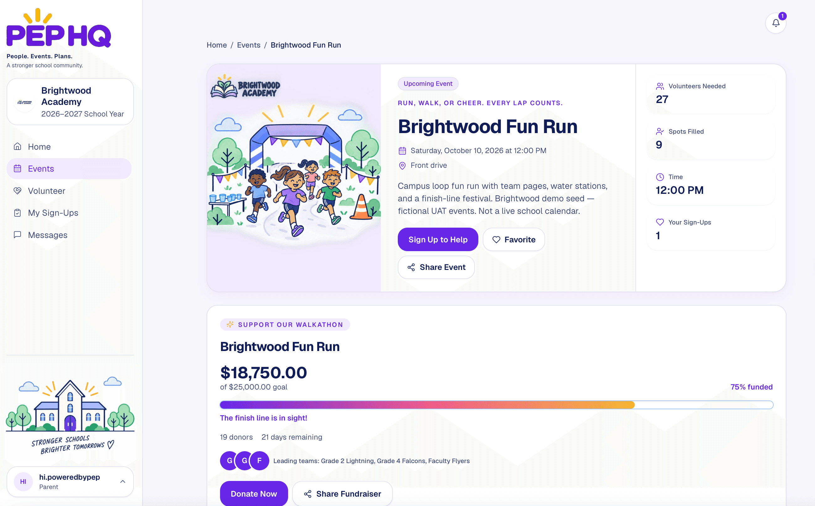 Public Brightwood Fun Run fundraising page showing goal progress, donate, and share actions