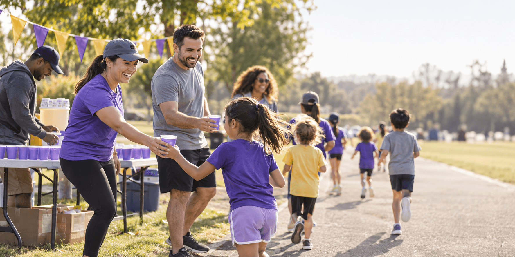 Parents handing water to children during an outdoor school fun run